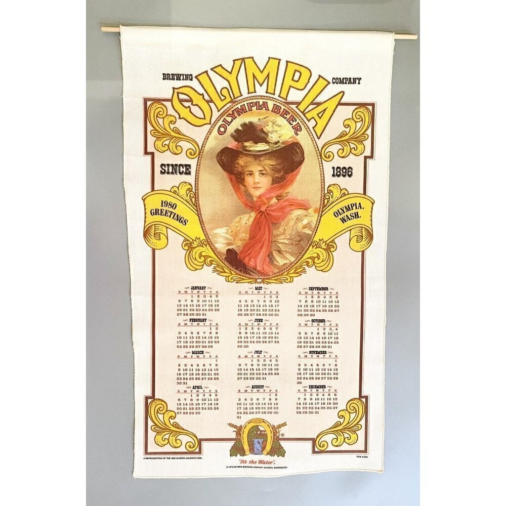 Vintage Olympia Beer Calendar 1980 Banner 1909 Olympia Calendar Girl 26.5x15.5”